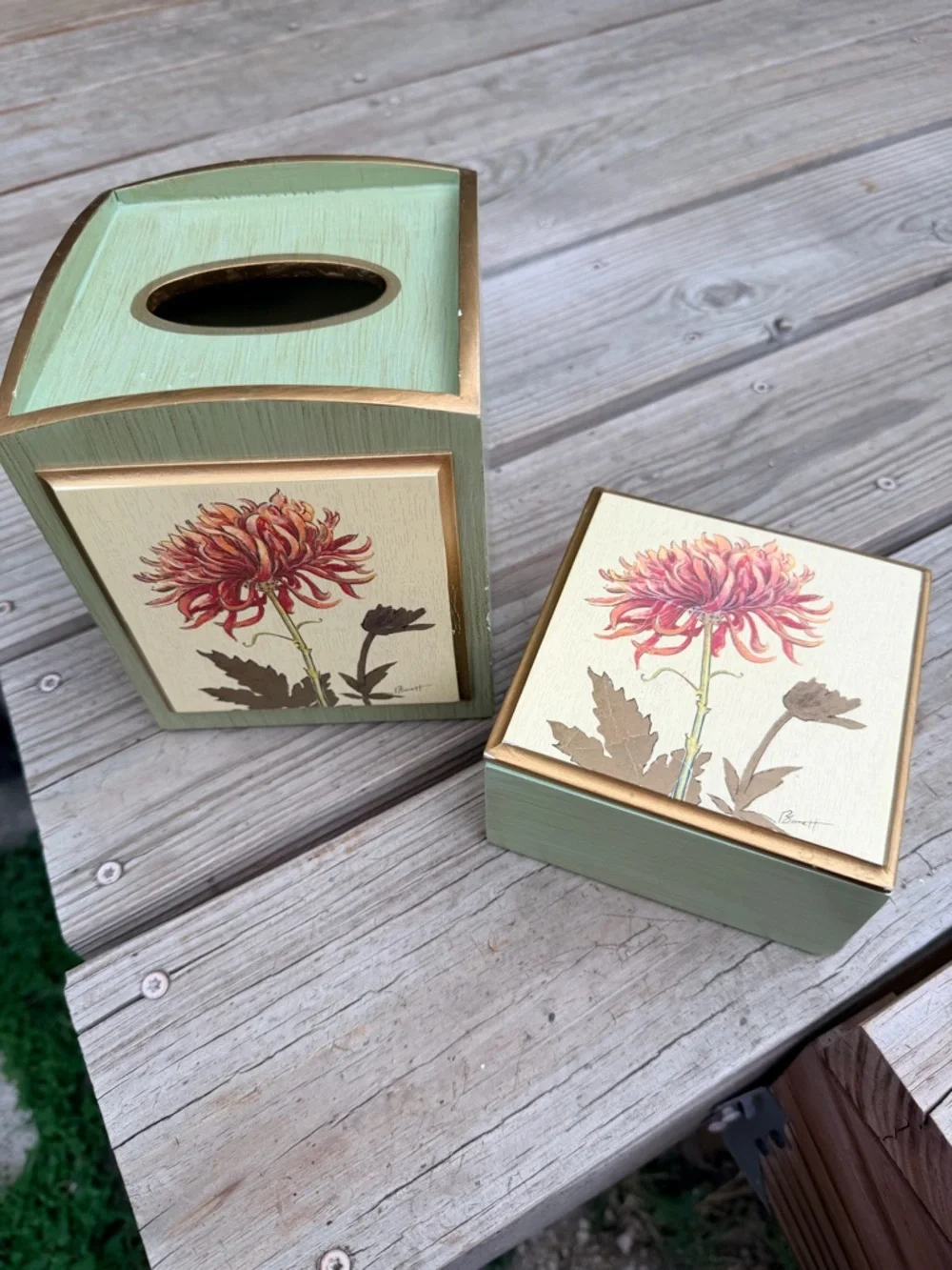 Signed Hand Painted Floral Tissue Box‎ Cover & Trinket Box Set Sage Green Gold